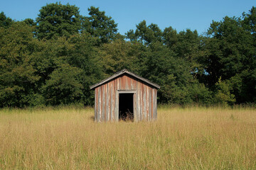 Poster - A rustic shed stands alone in a tall grass field surrounded by trees under a clear sky.