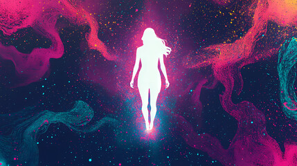 Aura cleanse - white female silhouette figure with magenta glow surrounded by dark multi coloured energy field. Auric. Illustration