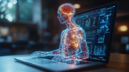 Poster - Digital human figure emerging from a laptop screen 
