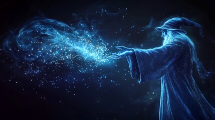 Poster - A holographic wizard casting a spell, with glowing runes appearing in mid-air