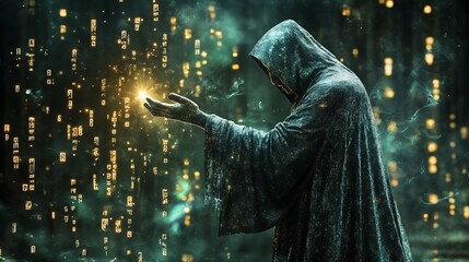 Poster - A holographic wizard casting a spell, with glowing runes appearing in mid-air