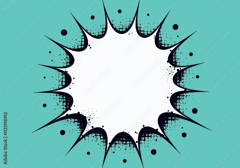 white circle explosion teal background blue comic art style black dots ...