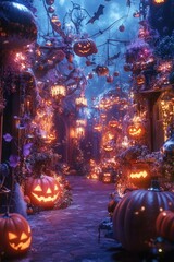 Wall Mural - Halloween pathway with pumpkins and decorations