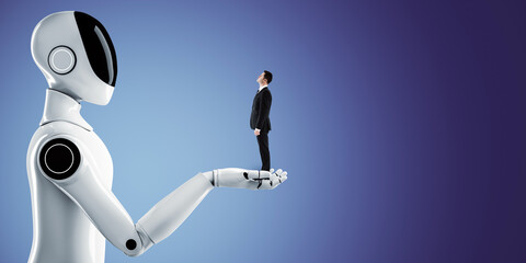 Poster - Robot holding a businessman in its hand on a blue gradient background, symbolizing technology and human collaboration.