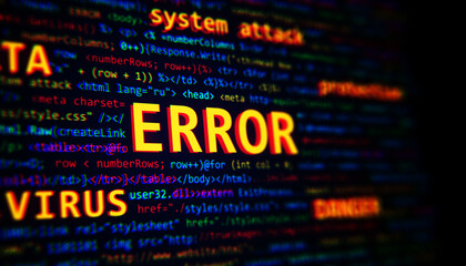 Fototapete - Highlighted ERROR text on colorful code background, representing software problems and system attack concept. 3D Rendering
