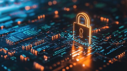 Poster - Digital lock symbol on a circuit board background 