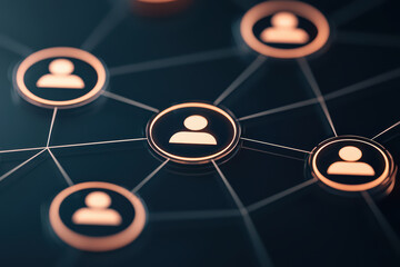 Poster - digital network of interconnected user icons representing social connections and relationships. This futuristic design illustrates concept of networking and collaboration