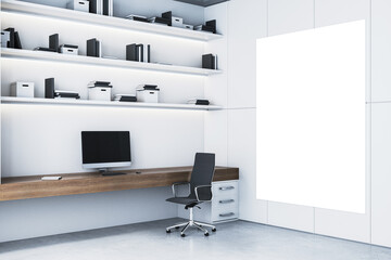 Poster - Modern home office design with wooden desk, sleek chair, shelves, computer, and large white mockup frame on a clean background. 3D Rendering