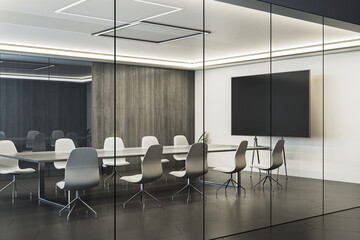 Poster - Modern conference room interior with glass walls, wooden accents, and sleek furniture in a contemporary office setting. 3D Rendering