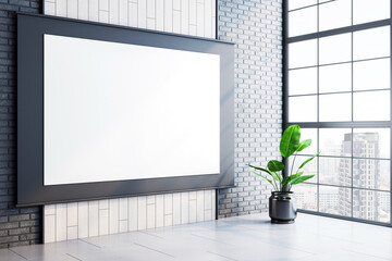 Poster - Modern interior with a blank white screen on brick wall, large windows and a potted plant in a bright room. 3D Rendering