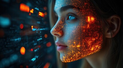 Poster - Digital portrait with a glowing, data-inspired overlay 
