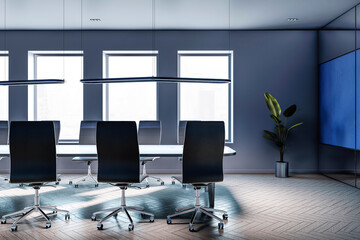 Poster - Modern boardroom with black chairs, long table, and blue wall, illuminated by daylight from windows overlooking cityscape. 3D Rendering