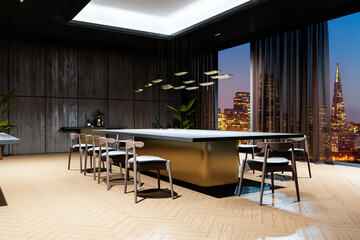 Poster - Modern conference room interior with wooden accents, elegant furniture, large table, chairs, and a city skyline view through floor-to-ceiling windows. 3D Rendering