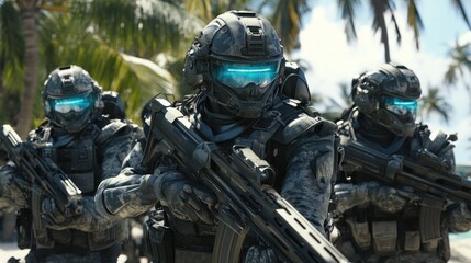 Poster - Soldiers in tactical gear on a tropical beach 