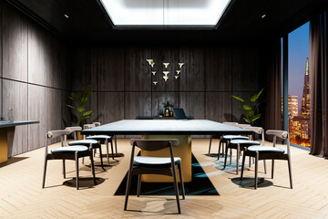 Poster - Modern conference room with wooden walls, large table, chairs, and city view at night, emphasizing luxury and executive design. 3D Rendering