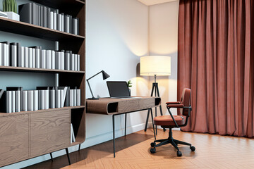 Poster - Modern home workspace with desk, chair, laptop, bookshelf, lamp, and curtains in a well-designed interior space. 3D Rendering