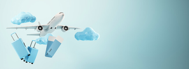Poster - Airplane with luggage and boarding pass flying among clouds on light background. Travel concept. 3D Rendering