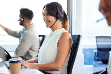 Poster - Call center, typing or woman in customer support for questions, communication or contact service. Inbound sales, lead generation or virtual assistant with insurance advice, business loan or computer