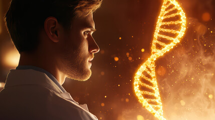 Poster - scientist in lab coat observes glowing DNA strand, symbolizing innovation and discovery in genetics. atmosphere is filled with sense of wonder and curiosity