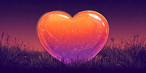 Sticker - A vibrant, oversized heart-shaped bubble glows in warm orange and purple hues, resting in green grass under a starry twilight sky, evoking feelings of love and tranquility.