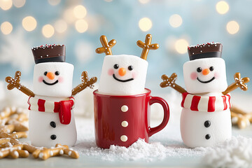 Wall Mural - Three snowmen are sitting in a red cup with marshmallows and gingerbread men