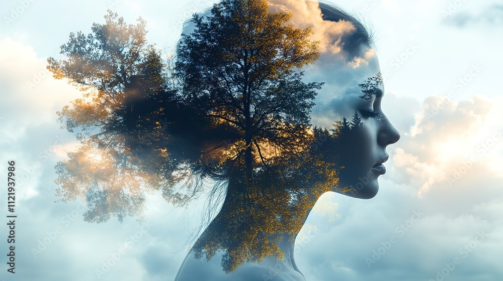 A double exposure effect merges a woman's silhouette with trees and ...