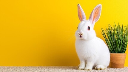 a photostock of a single white rabbit sitting on a neutral-toned carpet, minimalist pet 2025