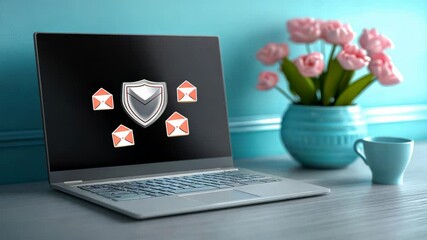 Poster - Laptop with security shield surrounded by emails on a desk with flowers and cup against a blue wall.