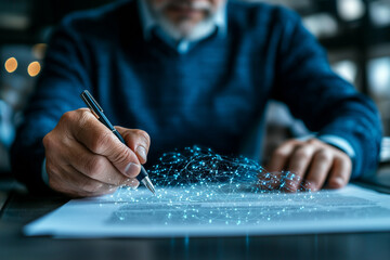 Aufkleber - professional with prosthetic hand holding pen, signing document with digital network overlay, symbolizing technology integration