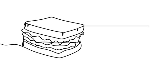 Poster - Continuous line art Sandwich bread with beef, vegentable and melted cheese for vector illustration. Concept fast food, street food, restaurant, business, One continuous line drawing of fresh delicious