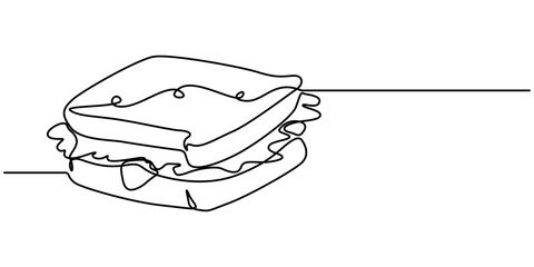 Poster - Continuous line art Sandwich bread with beef, vegentable and melted cheese for vector illustration. Concept fast food, street food, restaurant, business, One continuous line drawing of fresh delicious