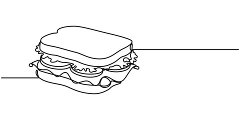 Poster - Continuous line art Sandwich bread with beef, vegentable and melted cheese for vector illustration. Concept fast food, street food, restaurant, business, One continuous line drawing of fresh delicious