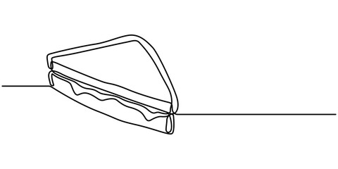 Poster - Continuous line art Sandwich bread with beef, vegentable and melted cheese for vector illustration. Concept fast food, street food, restaurant, business, One continuous line drawing of fresh delicious