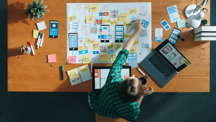 Poster - top view of smart developer working on tablet and writing ux ui design for mobile phone interface at