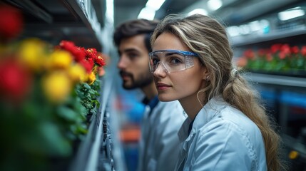 Poster - Scientists examining plants in a controlled environment 