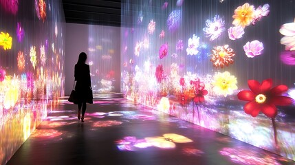 Poster - A person walking through a holographic garden filled with light-based flowers