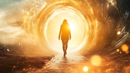 Poster - A person walking through a holographic garden filled with light-based flowers