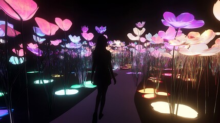 Poster - A person walking through a holographic garden filled with light-based flowers