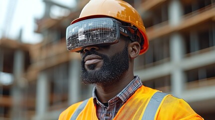Wall Mural - worker using vr headset on a construction site