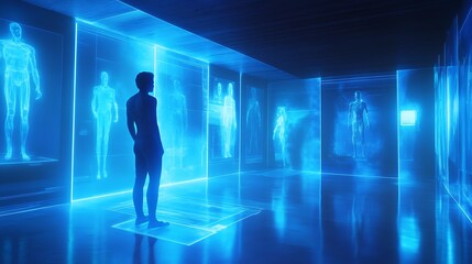 Poster -  A room filled with holographic memories, each scene floating in the air