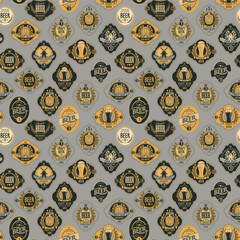 Wall Mural - vector seamless pattern on the theme of beer with various beer labels with images of barrels, beer g