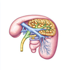 Anatomical illustration of human kidney showing detailed internal structures, including renal arteries and veins, highlighting organ complex functions and connections