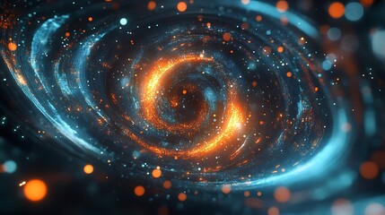 Poster - A floating holographic logo with soft, glowing edges, surrounded by digital light particles
