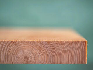 Wall Mural - A close-up view of a wooden plank highlighting its natural texture and grain against a muted green background.