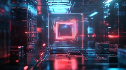 Poster - A floating holographic logo composed of smooth geometric shapes, glowing with neon lights 