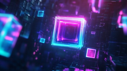 Poster -  A floating holographic logo with a glitch effect, surrounded by a digital grid