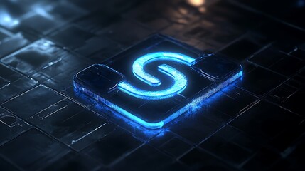 Poster - a futuristic holographic logo with smooth, flowing lines, glowing softly against a dark background
