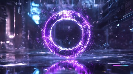 Poster - a futuristic holographic logo with glitch effects, floating in a digital space filled with light par