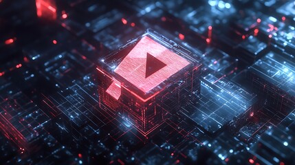 Poster - a futuristic holographic logo with glitch effects, hovering above a reflective floor