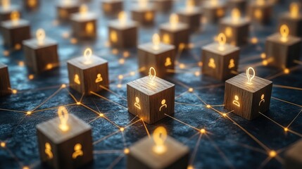 Poster - Digital network with glowing user icons on wooden cube
